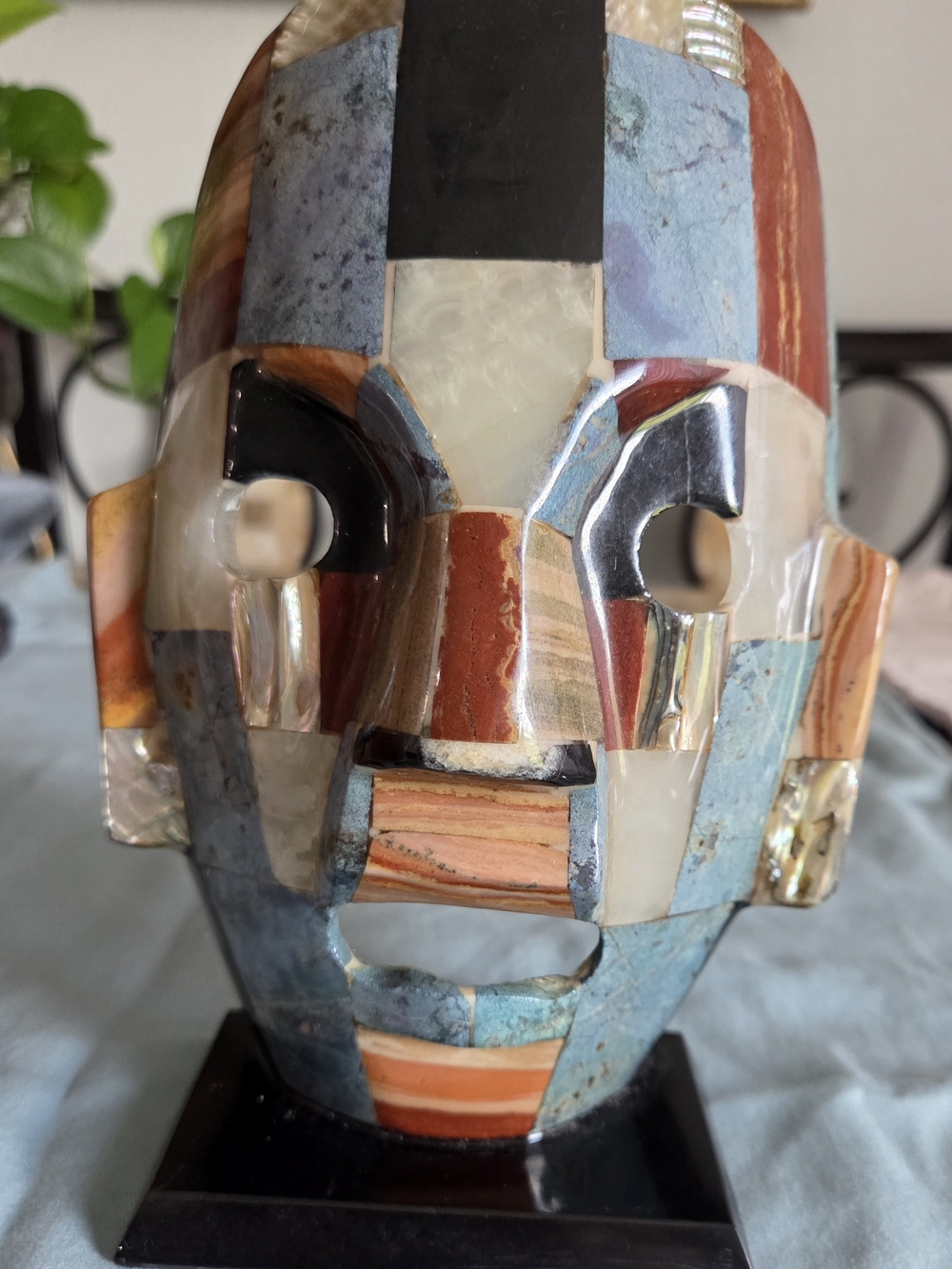 Multicolor Mexican Inlay Stone Mask Sculpture - Decorative Home Accent
